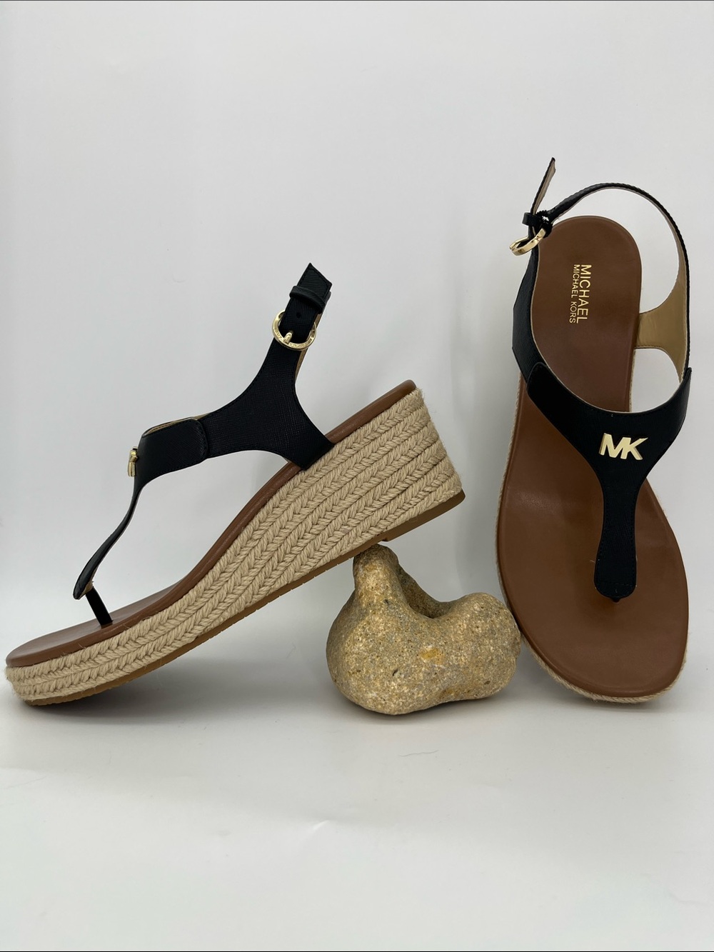 Michael Kors Black T-Strap Espadrille Wedge Sandals with Gold MK Accent